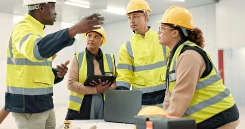 Engineering manager, teamwork and planning for warehouse development Stock Photos