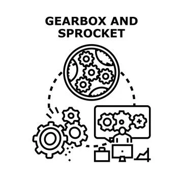 Engineering mechanics concept with gearbox and sprocket gear system Illustrazione stock