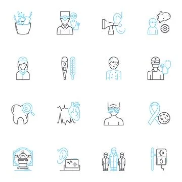 Engineering Medicine linear icons set. Biomechanics, Nanotechnology, Prosthesis Stock Illustration