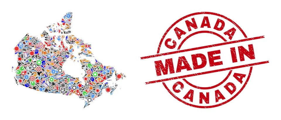 Engineering Mosaic Canada Map and Made in Scratched Stamp Illustrazione stock