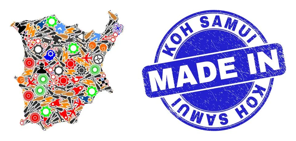 Engineering Mosaic Koh Samui Map and Made in Scratched Stamp Illustrazione stock