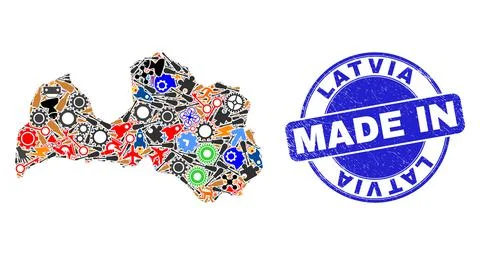 Engineering Mosaic Latvia Map and Made in Scratched Stamp Seal Illustrazione stock