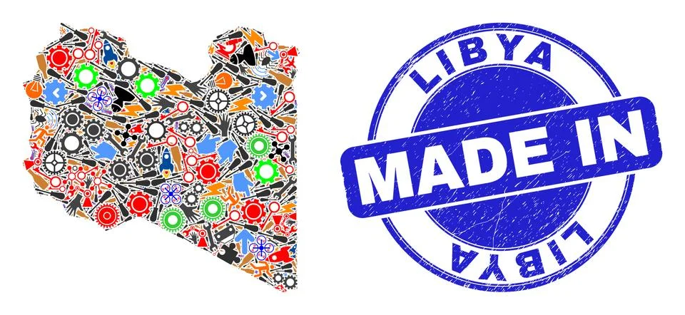 Engineering Mosaic Libya Map and Made in Distress Rubber Stamp Illustrazione stock