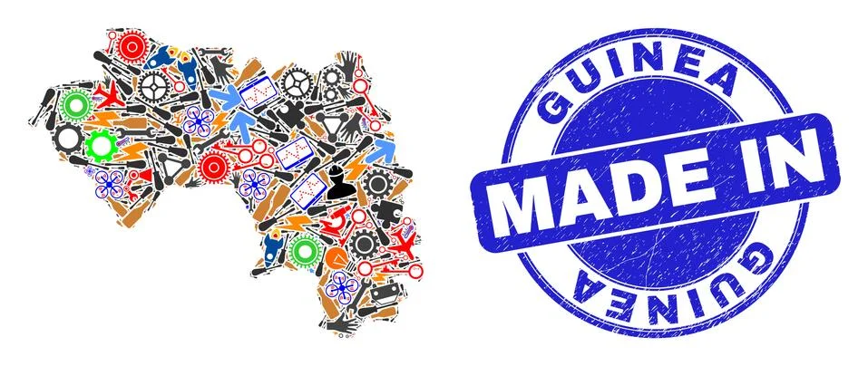 Engineering Mosaic Republic of Guinea Map and Made in Grunge Seal Illustrazione stock