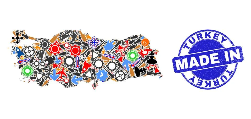 Engineering Mosaic Turkey Map and Made in Distress Seal Illustrazione stock