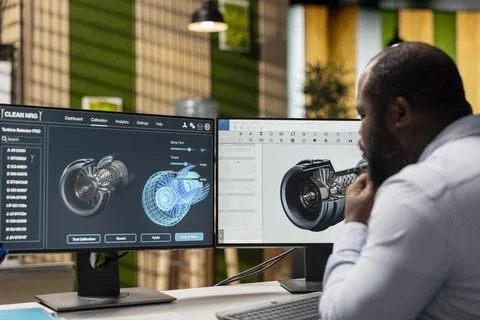 Engineering office expert analyzes turbine components using computer program Stock-Fotos