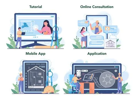 Engineering online service or platform set. Technology and science. 스톡 일러스트