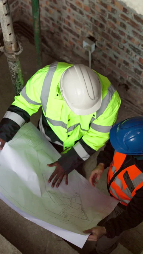 Engineering, people and discussion on construction site with blueprint, Stock Footage 338097160
