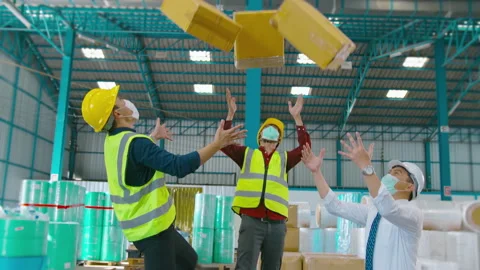 Engineering people are wearing face mask happy in modern factory , industrial Stock Footage 158173354