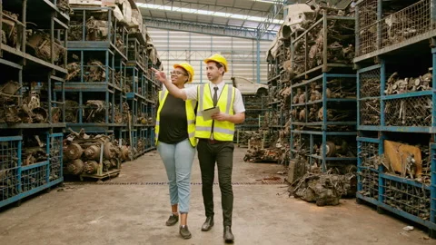 Engineering people are working in  heavy industrial plant Engine parts factor Video stock 151546806