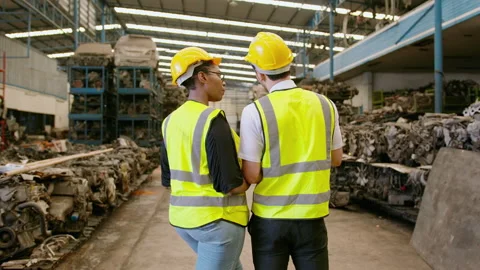 Engineering people are working in  heavy industrial plant Engine parts factor Video stock 151546836