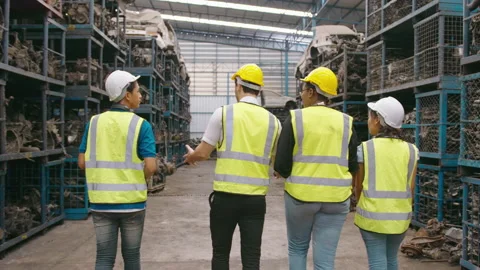 Engineering people are working in heavy industrial plant Engine parts factory Video stock 152829411