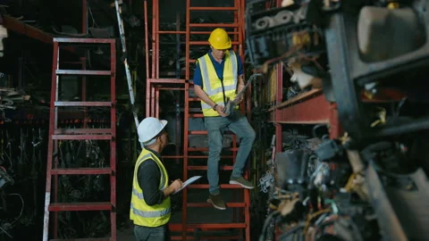 Engineering people are working in heavy industrial plant Engine parts factory Video stock 152830001