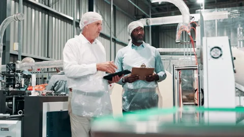 Engineering people, manager and factory for machine inspection and food Stock Footage 274464034