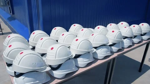 Engineering personnel helmets during a strike Stock Footage 137758596