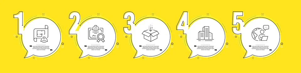 Engineering plan, Buildings and Get box icons set. Certificate sign. Vector 스톡 일러스트