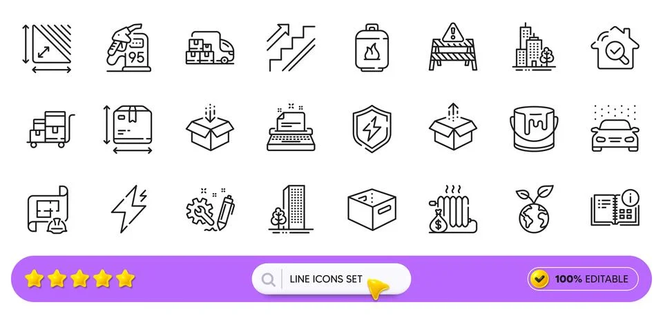 Engineering plan, Skyscraper buildings and Triangle area line icons for web app Ilustración de archivo