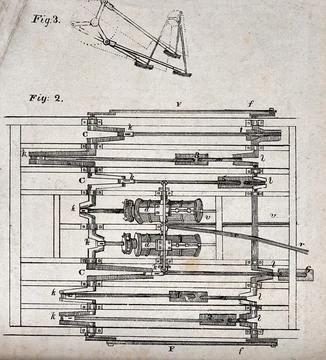 Engineering: a polishing machine (top), and a walking machine (below). Etchin Stock Illustration