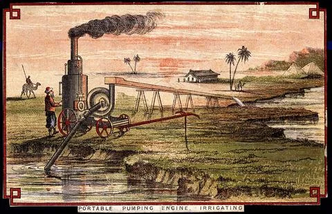 Engineering: a portable pumping engine, used in Egypt. Coloured lithograph,.. 库存照片