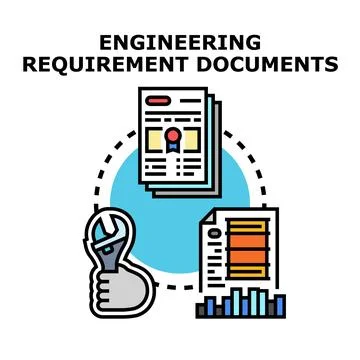 Engineering requirement documents and technical analysis workflow Stock Illustration