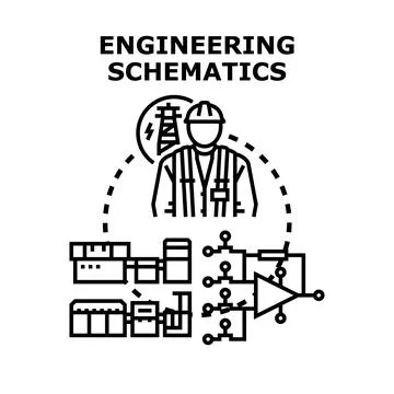 Engineering schematics designing, developing industrial systems circuit Illustrazione stock