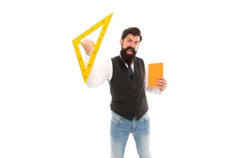 Engineering is science to solve problems. Excited hipster hold triangle and book Stock Photos