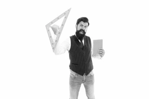 Engineering is science to solve problems. Excited hipster hold triangle and book 写真素材