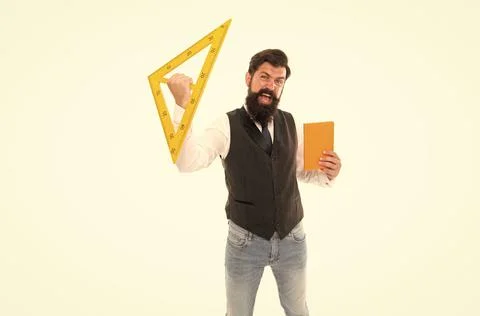 Engineering is science to solve problems. Excited hipster hold triangle and book Stock Photos