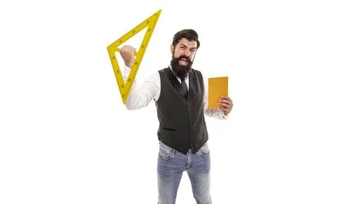 Engineering is science to solve problems. Excited hipster hold triangle and book Stock Photos
