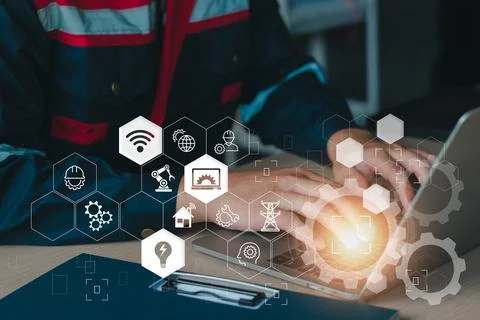 Engineering services concept. Electrical engineer use computer laptop checkin Stockfoto's