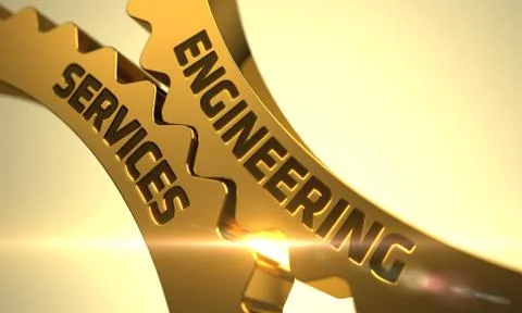 Engineering Services on Golden Metallic Cog Gears. 3D Illustration Illustrazione stock