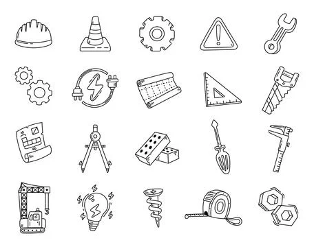 Engineering set in outline line art Stock Illustration