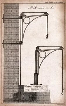Engineering: side elevation of the Bramah lifting jib. Engraving by W. Lowr.. Stock Illustration