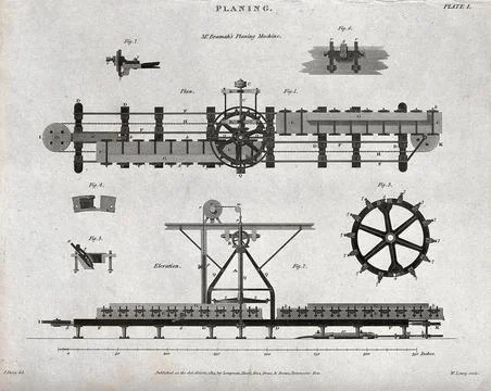 Engineering: side elevation of the Bramah planing machine. Engraving by W. .. Stock Illustration