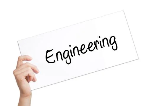 Engineering  Sign on white paper. Man Hand Holding Paper with text. Isolated  Foto stock