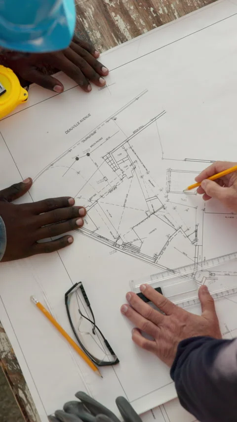 Engineering, sketch and hands with blueprint on table for architecture, project Stock Footage 340880266
