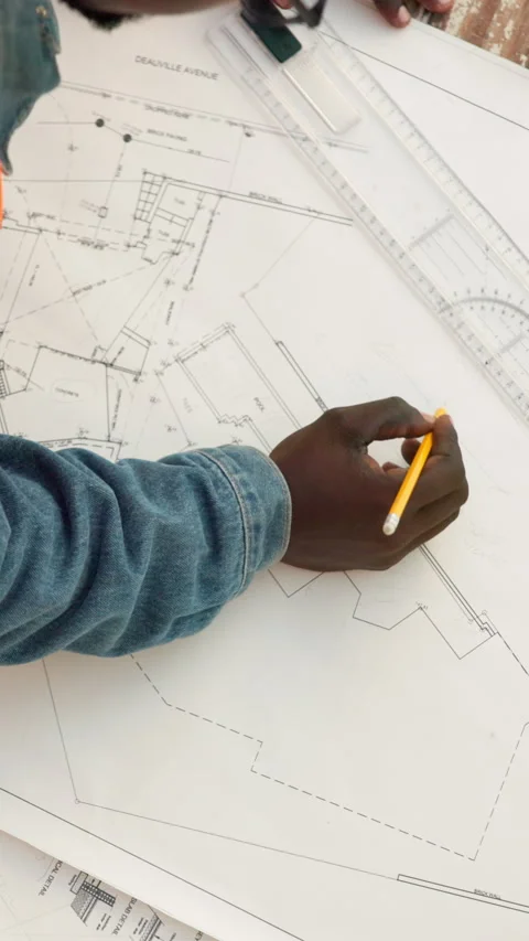 Engineering, sketch and hands of man with blueprint for architecture, project Stock Footage 340880989