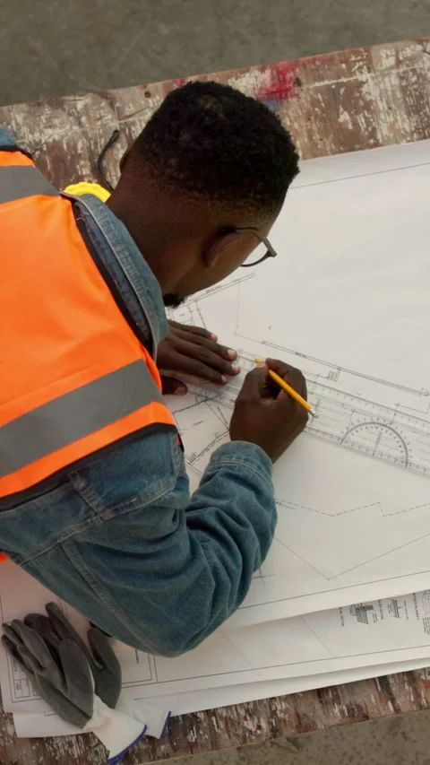 Engineering, sketch and man with blueprint on table for architecture, project Stock Footage 340891161