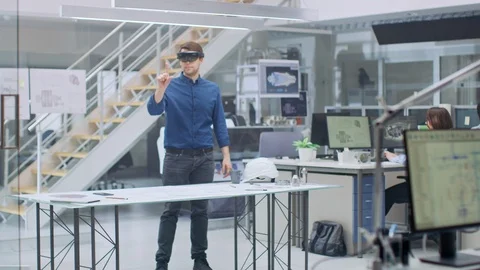 Engineering Software Developer Wearing Virtual Reality Headset Uses Gestures Stock Footage 107780681