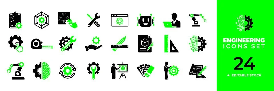 Engineering Solid Style Industrial Tools Technology Vector Collection 24 Icons イラスト素材