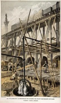 Engineering: a steam-driven pump in use on a building site in Spring Garden.. Ilustración de archivo