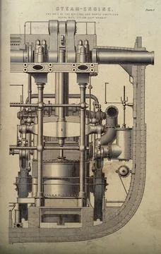 Engineering: a steam engine, on board a ship. Engraving c.1861. Stock Illustration