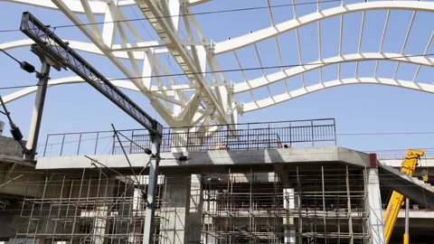 Engineering structure with white steel framework and scaffolding Stock Footage 332766659