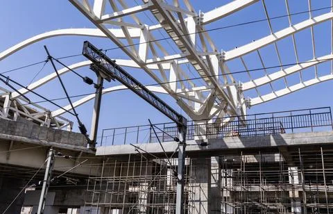 Engineering structure with white steel framework and scaffolding Photos