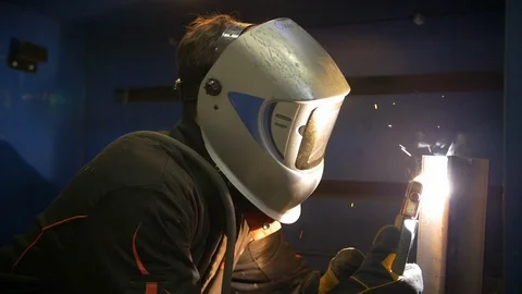 Engineering Student Welding At Trade School, Slow Motion Video stock 124349577