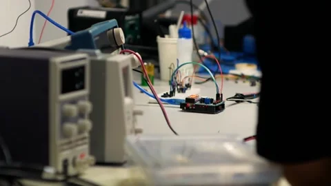 Engineering students study in a laboratory in physics or electronics. Stock Footage 156653589