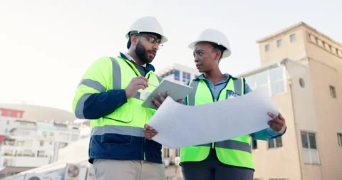 Engineering, tablet and blueprint with people in city for project management Stock Footage 305872789