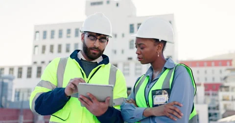 Engineering, tablet and collaboration with people in city for project management Stock Footage 283524718