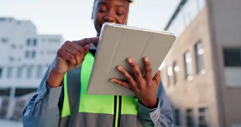 Engineering, tablet and construction with woman in city for project management Stock Footage 283526007