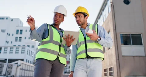 Engineering, tablet and contractor with people in city for project management Stock Footage 306535967